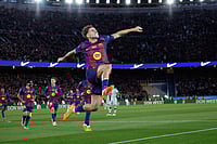 | Photo: AP/Joan Monfort : Barcelona's Fermin Lopez celebrates after scoring during a La Liga soccer match between Barcelona and Athletic in Barcelona, Spain.