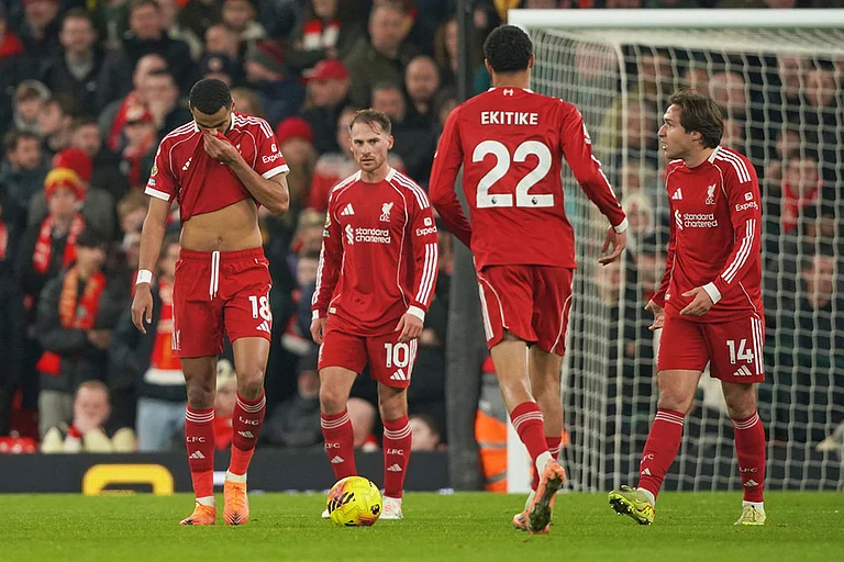 From left, Liverpool's Cody Gakpo, Alexis Mac Allister, Hugo Ekitike, Federico Chiesa react after Nottingham Forest's Morgan Gibbs-White scored his side's third goal during the English Premier League soccer match between Liverpool and Nottingham Forest in Liverpool, England. - | Photo: AP/Ian Hodgson
