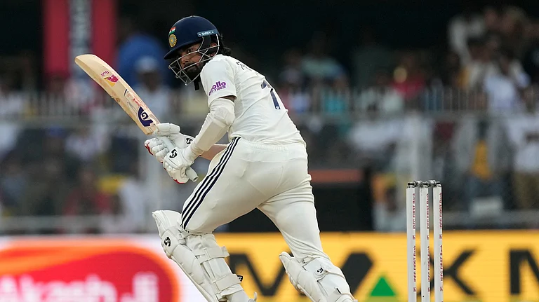 India's KL Rahul plays a shot on the second day of the second cricket test match between India and South Africa in Guwahati, India, Saturday, Nov. 22, 2025. - (AP Photo/Anupam Nath)