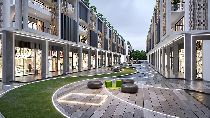 Modern commercial complex with courtyard