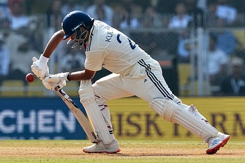 India's Kuldeep Yadav plays a shot on the third day of the second cricket test match between India and South Africa in Guwahati.