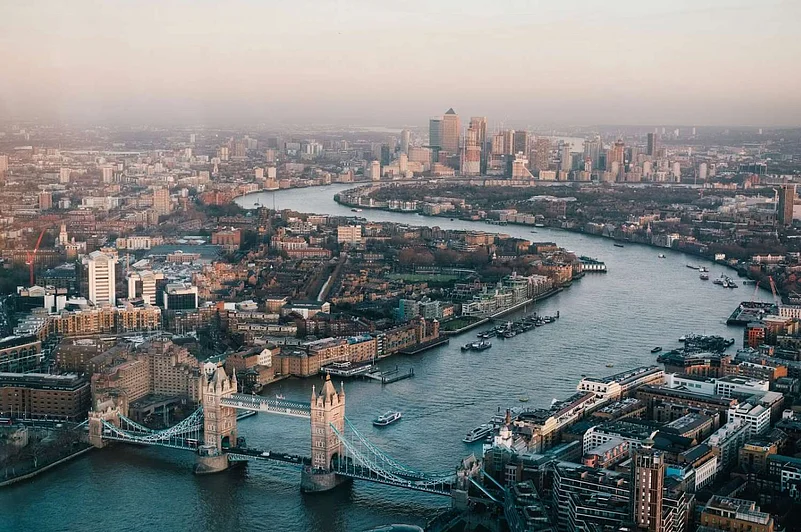 Aerial photo of London skyline with Tower Bridge and the River Thames