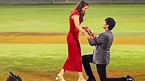 | Photo: @palash_muchhal/Instagram via PTI : World Cup-winning Indian women's cricket team star Smriti Mandhana being proposed by music composer Palash Mucchal for marriage at the DY Patil Stadium, in Navi Mumbai.