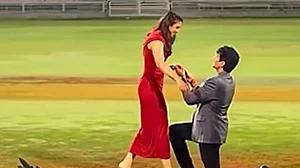 | Photo: @palash_muchhal/Instagram via PTI : World Cup-winning Indian women's cricket team star Smriti Mandhana being proposed by music composer Palash Mucchal for marriage at the DY Patil Stadium, in Navi Mumbai.