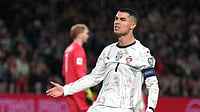 (Niall Carson/PA via AP) : Portugal's Cristiano Ronaldo reacts during a World Cup 2026 group F qualifying soccer match between Ireland and Portugal in Dublin, Thursday, Nov. 13, 2025.