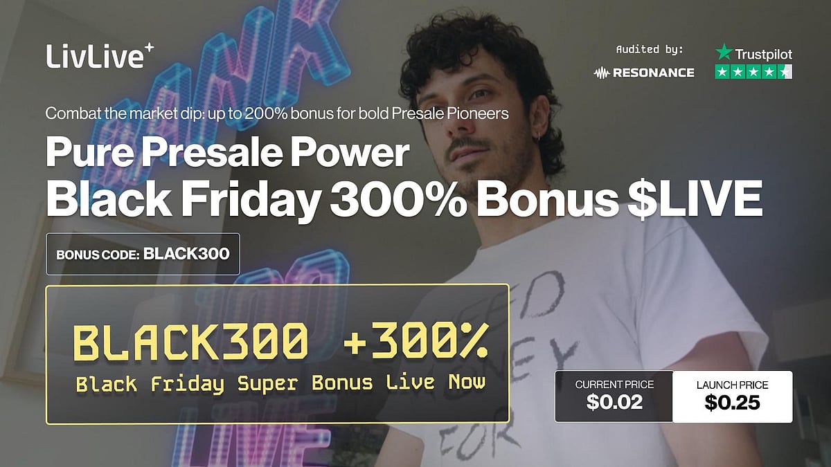 LivLive ad featuring a man, text Black Friday 300% Bonus $LIVE and price details.