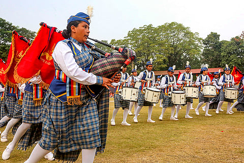 Students perform during a state-level inter-school band competition organised by Madhya Pradesh School Education Department at Government Subhash Excellence Higher Secondary School, in Bhopal.