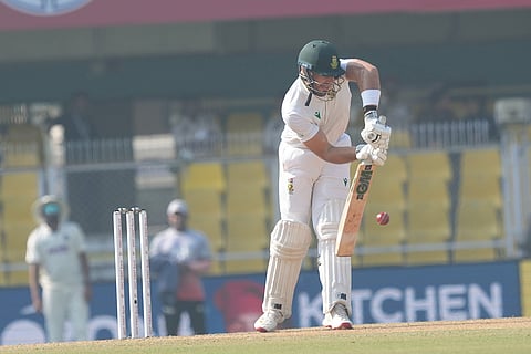 South Africa's Aiden Markram plays a shot during the fourth day of the second Test cricket match between India and South Africa, at ACA Stadium, Barsapara in Guwahati.