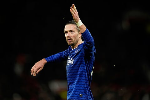 Everton's Jack Grealish gestures during the English Premier League soccer match between Manchester United and Everton in Manchester, England.