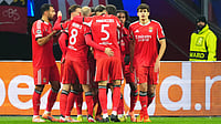 Ajax 0-2 Benfica Highlights, UEFA Champions League: Eagles Fly High With Convincing Win In Amsterdam | Photo: AP/Peter Dejong : SL Benfica players celebrate after Samuel Dahl scored his side's opening goal during the UEFA Champions League opening phase match against Ajax on November 25, 2025.