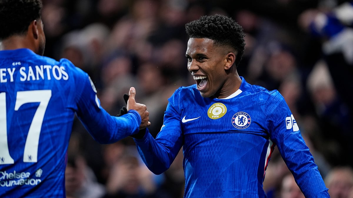 Chelsea's Estevao celebrates scoring his side's second goal during the UEFA Champions League league phase match agianst FC Barcelona on November 25, 2025.