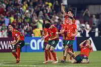 | Photo: AP/Hussein Sayed : Portugal players celebrate their victory after beating Brazil in a penalty shootout during the FIFA U17 World Cup semifinal soccer match in Doha, Qatar.