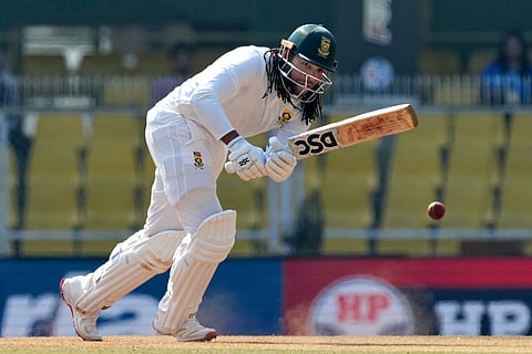 South Africa's Tony de Zorzi plays a shot on the fourth day of the second cricket test match between India and South Africa in Guwahati.