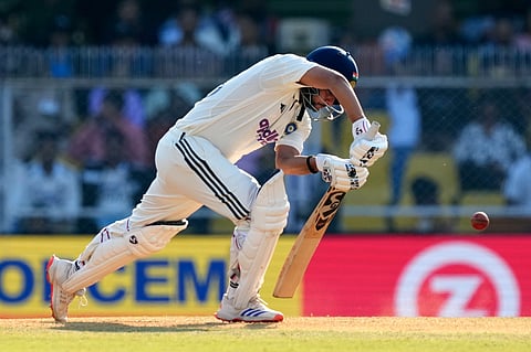India's Kuldeep Yadav plays a shot on the third day of the second cricket test match between India and South Africa in Guwahati, India, Saturday, Nov. 22, 2025.
