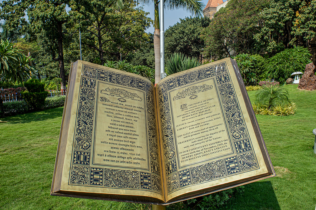 'The Constitution of India' sculpture near statue of Dr Babasaheb Ambedkar at Cooperage circle Mumbai. - Shutterstock