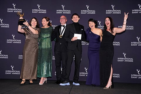 Winners in the Kids: Live-Action category for "Fallen," appear in the press room during the 53rd International Emmy Awards at the New York Hilton Midtown in New York. 