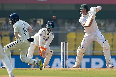 South Africa's Tristan Stubbs plays a shot on the fourth day of the second cricket test match between India and South Africa in Guwahati.