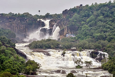 A view of water gushing down hills after the shutters of Papanasam dam were opened to discharge surplus water, following continuous rainfall, in Tirunelveli, Tamil Nadu.