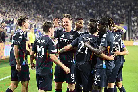San Diego FC player celebrate after Anders Dreyer (10) scored during the second half of MLS soccer's Western Conference semifinal against Minnesota United in San Diego. 