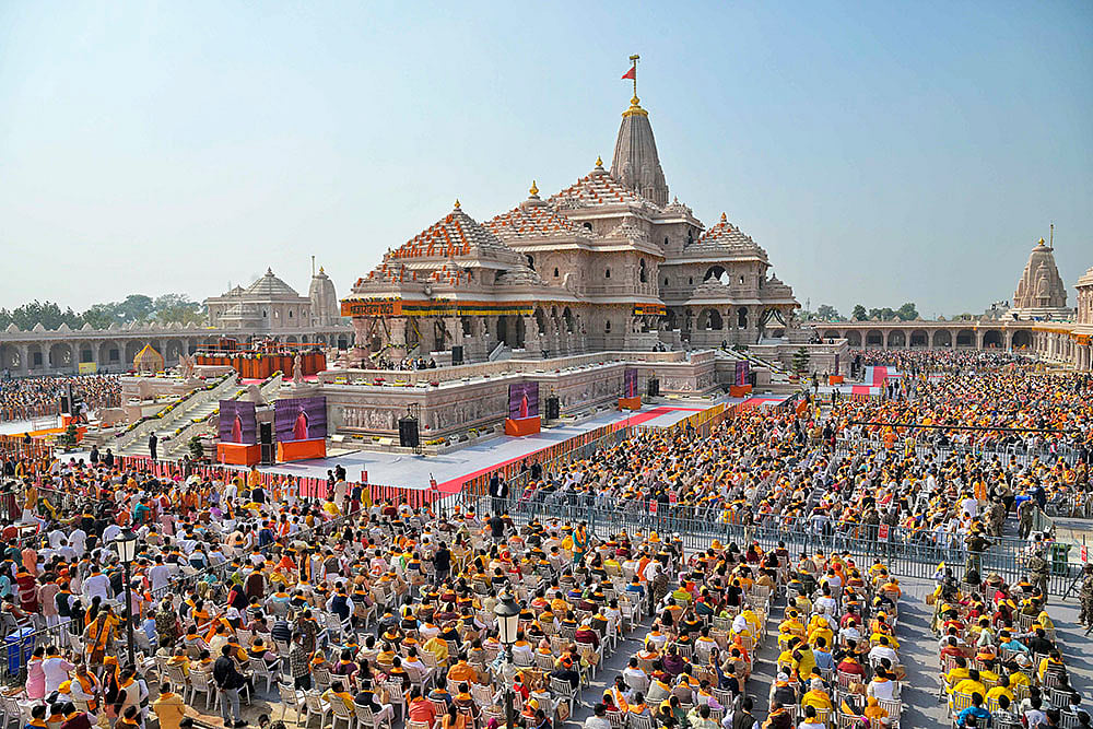 | Photo: PMO via PTI  : People attend the ‘Dhwajarohan’ ceremony at the Ram Temple, in Ayodhya, Uttar Pradesh. 