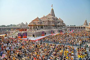 | Photo: PMO via PTI : People attend the ‘Dhwajarohan’ ceremony at the Ram Temple, in Ayodhya, Uttar Pradesh.