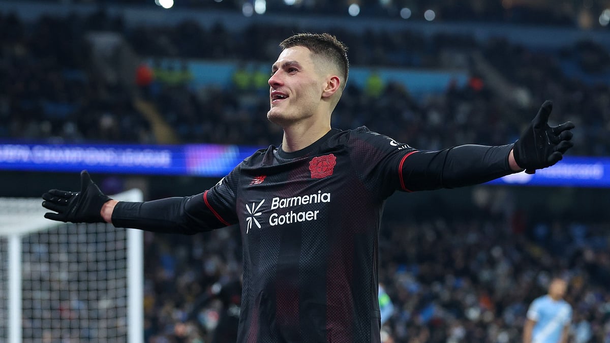 Bayer Leverkusen's Patrik Schick celebrates his goal during the UEFA Champions League league phase match against Manchester City on November 25, 2025.