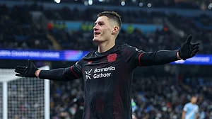 Bayer Leverkusen's Patrik Schick celebrates his goal during the UEFA Champions League league phase match against Manchester City on November 25, 2025.