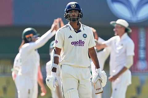 India's Washington Sundar walks off the field after losing his wicket on the fifth day of the second cricket test match between India and South Africa in Guwahati.