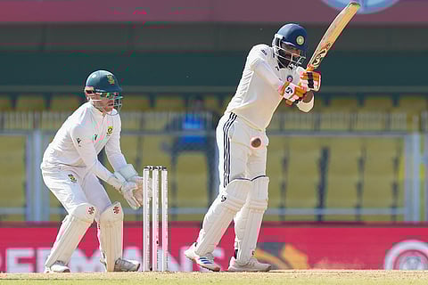 India's Ravindra Jadeja plays a shot during the fifth day of the second Test cricket match between India and South Africa, at ACA Stadium, Barsapara in Guwahati.