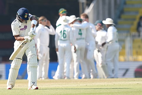 India's Dhruv Jurel walks off the field after his dismissal during the fifth day of the second Test cricket match between India and South Africa, at ACA Stadium, Barsapara in Guwahati.