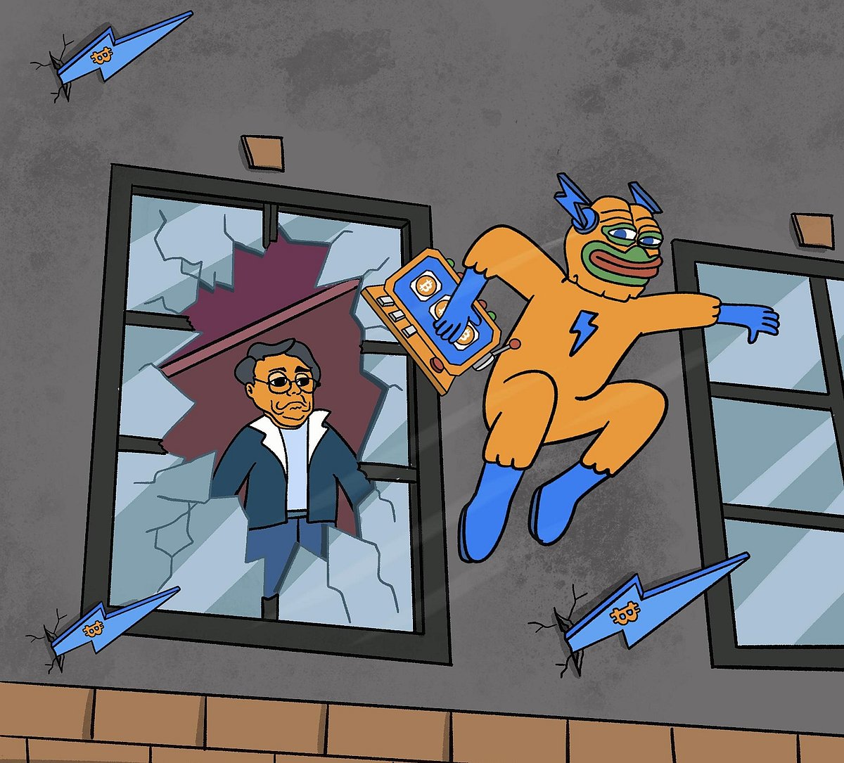 Cartoon of a man breaking glass as a superhero Pepe the Frog figure flies out the window.