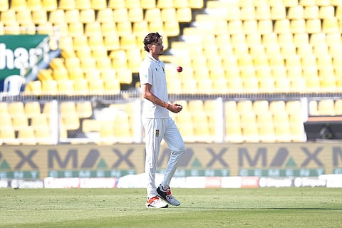 South Africa's Marco Jansen during the fifth day of the second Test cricket match between India and South Africa, at ACA Stadium, Barsapara in Guwahati.