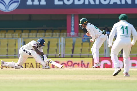 India's Sai Sudharsan plays a shot during the fifth day of the second Test cricket match between India and South Africa, at ACA Stadium, Barsapara in Guwahati.