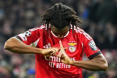Benfica's Leandro Barreiro celebrates after scoring his side's second goal during the Champions League opening phase soccer match between Ajax and SL Benfica in Amsterdam, Netherlands.