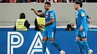Olympiacos 3-4 Real Madrid Highlights, UEFA Champions League: Mbappe Seals Win For Los Blancos In Seven-Goal Thriller | Photo: AP/Thanassis Stavrakis : Real Madrid's Kylian Mbappe celebrates scoring his side's third goal during the UEFA Champions League opening phase match against Olympiacos on November 26, 2025.