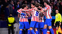 | Photo: AP/Manu Fernandez : Atletico Madrid's Julian Alvarez celebrates the opening goal during the UEFA Champions League opening phase match against Inter Milan on November 26, 2025.