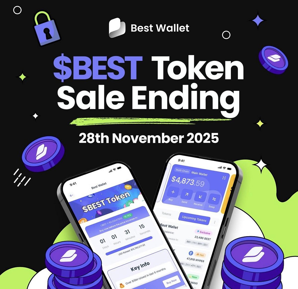 Digital graphic for $BEST Token Sale Ending on Nov 28, 2025, with two smartphones.