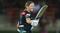 X/WBBL : Melbourne Stars' Meg Lanning celebrates her century against Sydney Sixers in the Women's Big Bash League.
