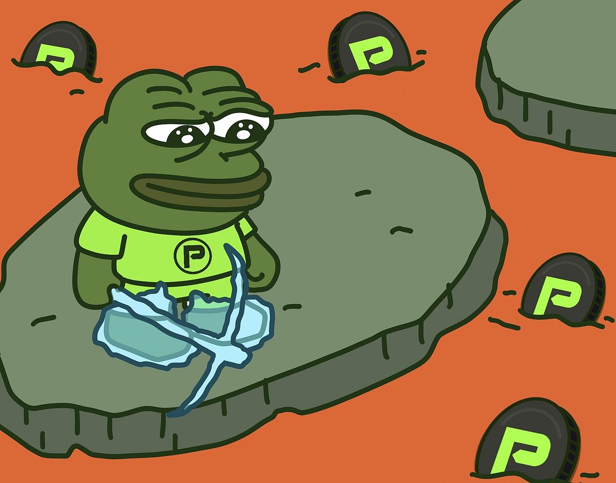 Pepe the Frog sitting on a rock, surrounded by P coins and holding a shovel.
