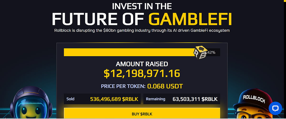 Graphic for Rollblock (RBLK) GambleFi token showing $12,198,971.16 raised on a black background.