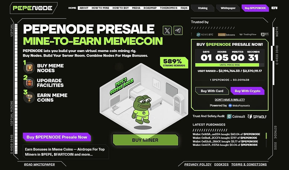 PEPENODE Presale, a Mine-to-Earn Memecoin, showing Pepe in a virtual room.