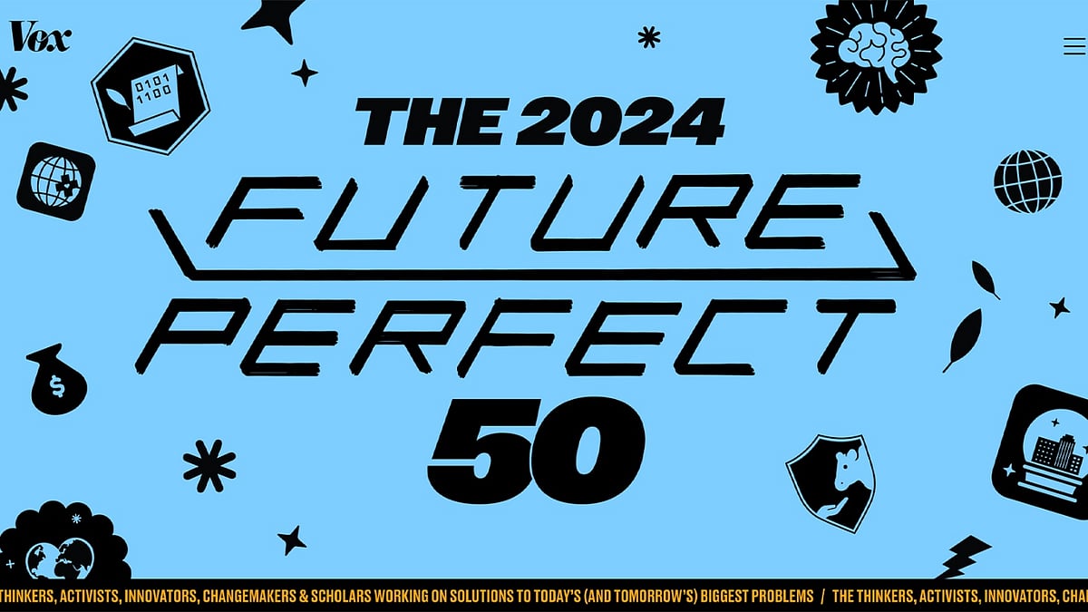 Black and blue graphic for THE 2024 FUTURE PERFECT 50 with various tech/idea icons