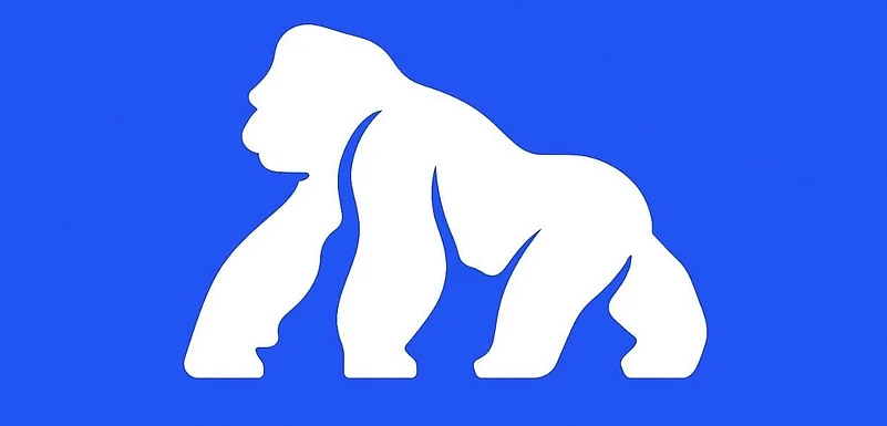 White silhouette of a gorilla on a blue background