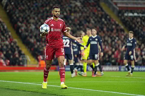 Liverpool's Cody Gakpo reacts during the Champions League opening phase soccer match between Liverpool and PSV in Liverpool, England.