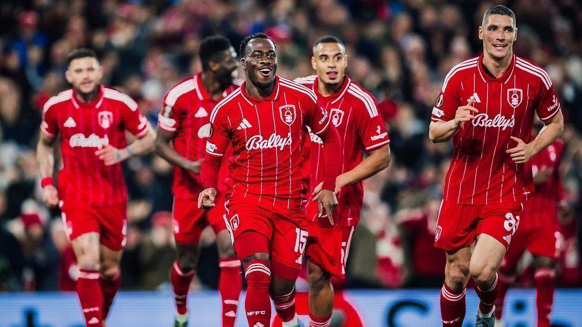 Nottingham Forest celebrate a goal during the UEFA Europa League match against Malmo on November 27, 2025. - null