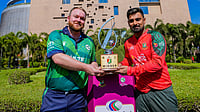 X/Bangladesh Cricket : Bangladesh captain Litton Das poses with the trophy along with Irish skipper Paul Stirling ahead of the 1st T20I at Chattogram.