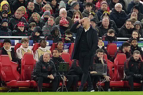 Liverpool's manager Arne Slot reacts during the Champions League opening phase soccer match between Liverpool and PSV in Liverpool, England.