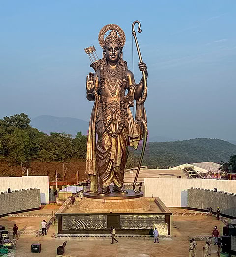 The 77-feet-tall bronze statue of Lord Ram at Shree Samsthan Gokarn Jeevottam Mutt which is scheduled to be inaugurated by Prime Minister Narendra Modi, in South Goa district.