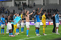 Pafos 2-2 Monaco, UEFA Champions League: Veteran David Luiz Helps Cyprus Champs To Draw | Photo: AP/Petros Karadjias : Pafos players react to fans after the Champions League opening phase soccer match between Pafos FC and AS Monaco in Limassol, Cyprus.