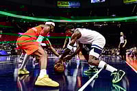 | Photo: AP/Gerald Leong : Oklahoma City Thunder guard Shai Gilgeous-Alexander (2) goes for the free ball against Minnesota Timberwolves guard Anthony Edwards (5) during the second half of an Emirates NBA Cup basketball game in Oklahoma City. 